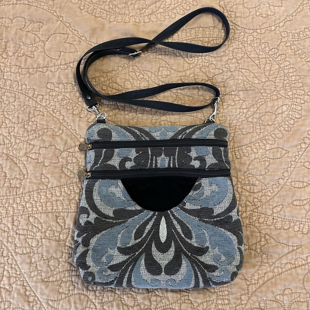 Danny K Tapestry Crossbody Patchwork Floral Blue Brown Pockets USA Granny Core